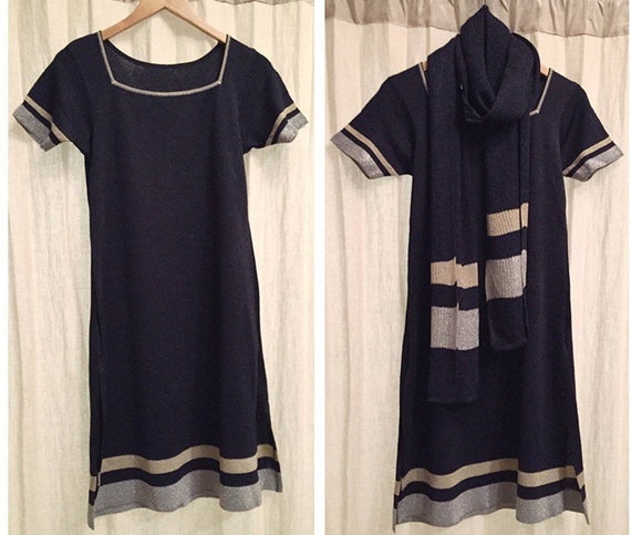 60s High slits navy sparkly knit dress with scarf - image 6