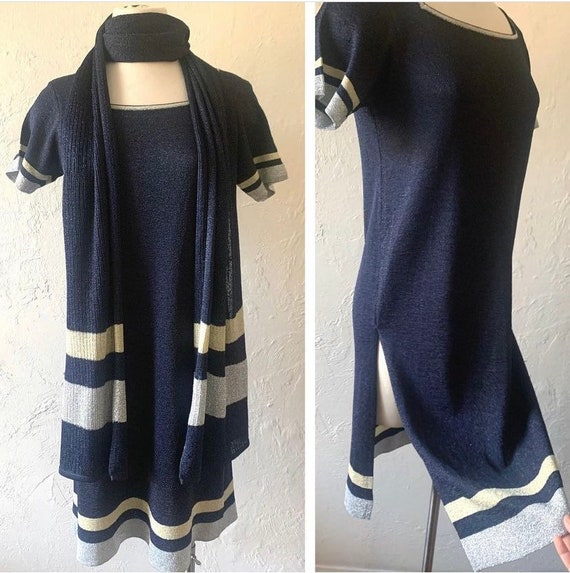 60s High slits navy sparkly knit dress with scarf - image 3