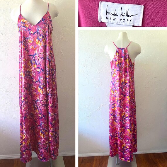 Nicole Miller Fuchsia Satin Print Maxi Dress Etsy Canada