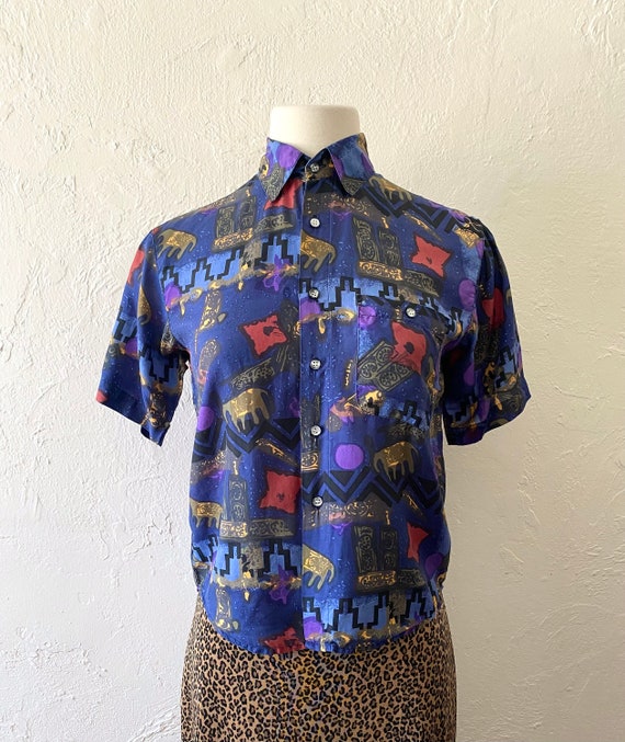 90s Santana silk funky print blouse