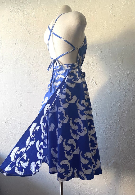 80s cotton dolphin print wrap backless dress - image 6