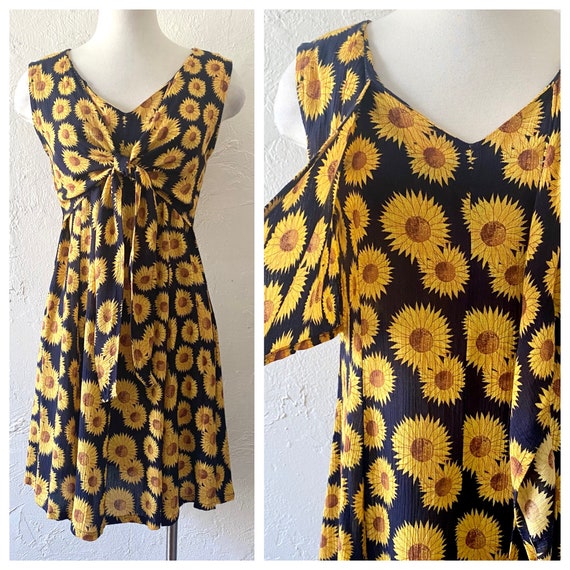 Vtg Sunflower print rayon mini dress