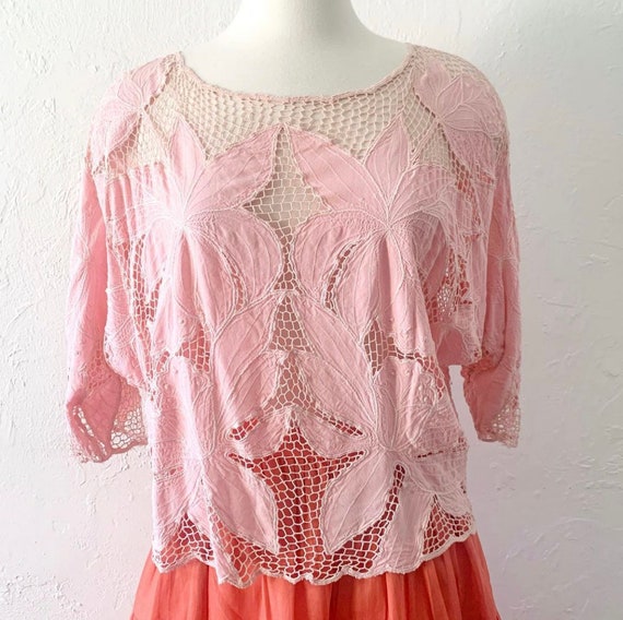 Vtg pink rayon see thru lace macrame top - image 1