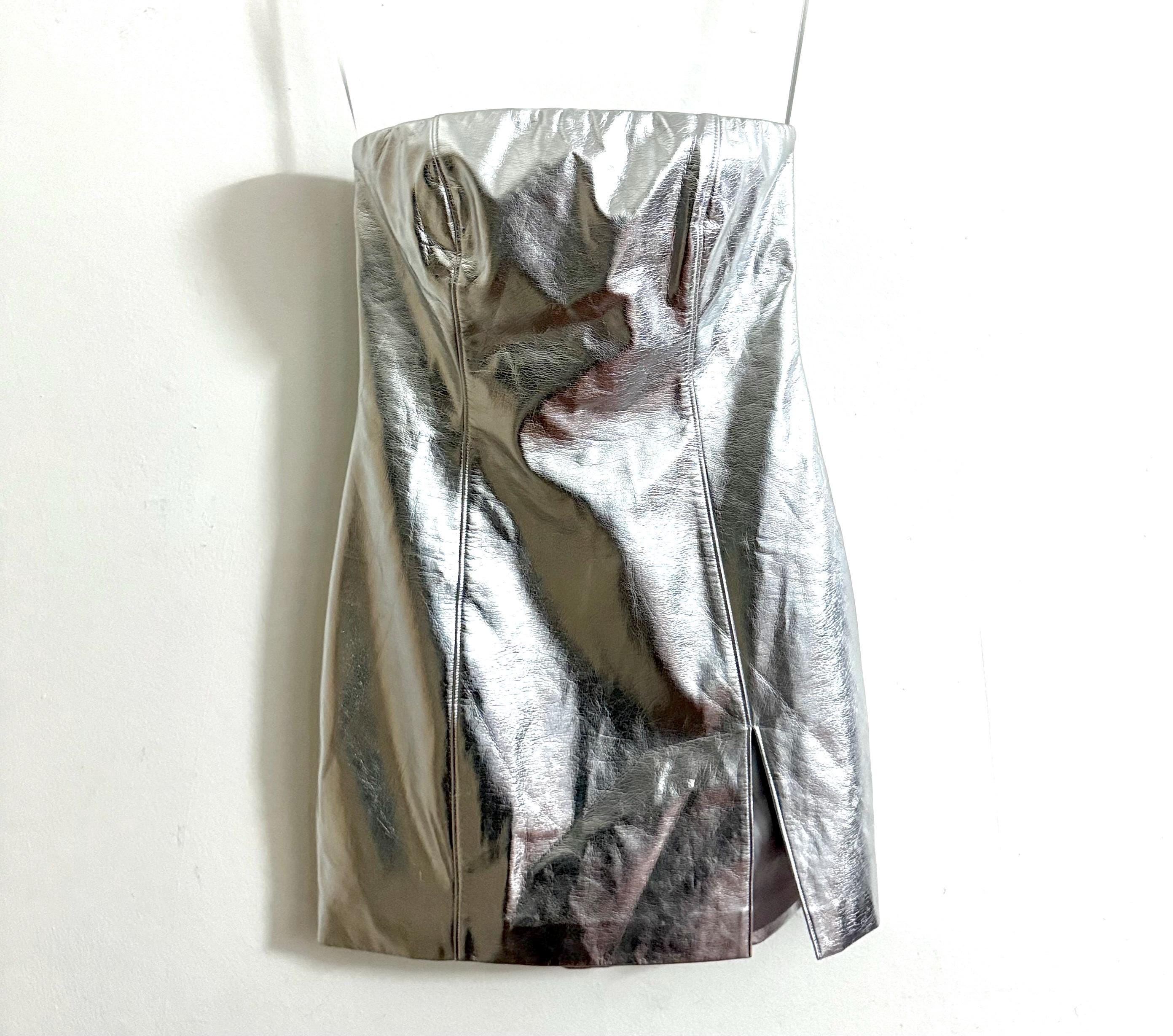 silver pleather dress Stop Staring Strapless Faux Leather Dress (Silver)
