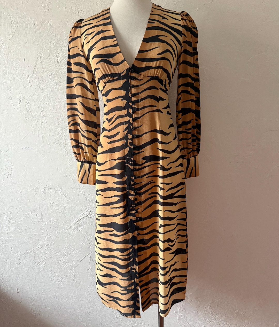 Khaki Printed Tiger Stripe Colorblock Bishop Sleeve Mini Dress