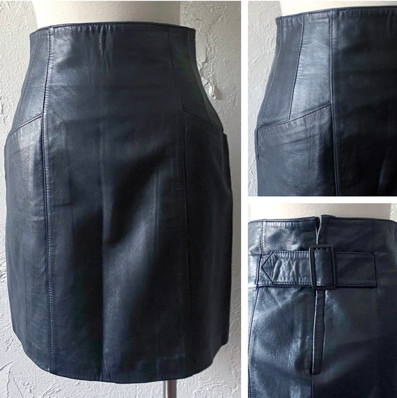 80s black leather mini skirt - image 1