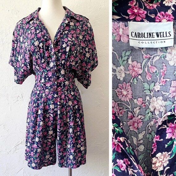 Vtg navy floral dolman sleeve romper