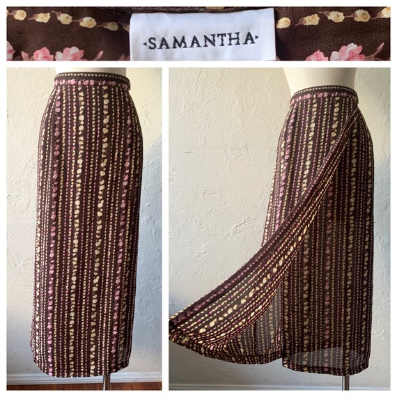 90s Samantha brown and pink-ish floral wrap skirt… - image 1