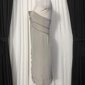 May include: A strapless, knee-length dress in a muted sage green color. The garment features a fitted bodice with subtle vertical pleating and delicate lace trim detailing along the seams, creating a structured silhouette on a dress form.