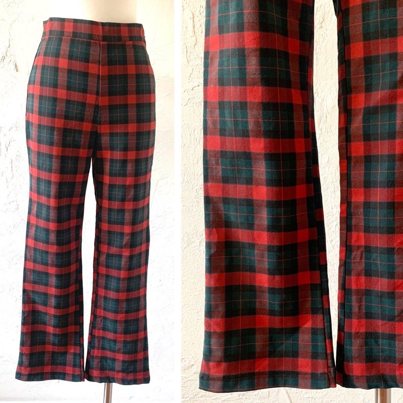 May include: Red and green plaid pants with a wide leg silhouette.