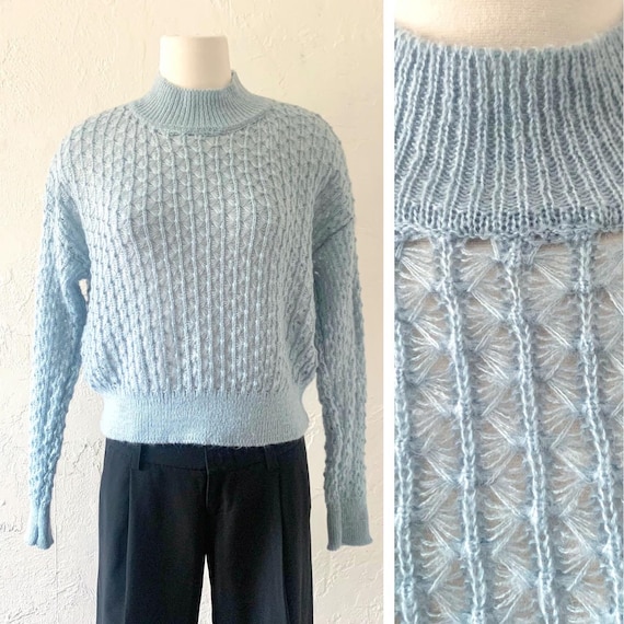 Vtg 80s mohair hand knit lt blue sweater Free size - image 1