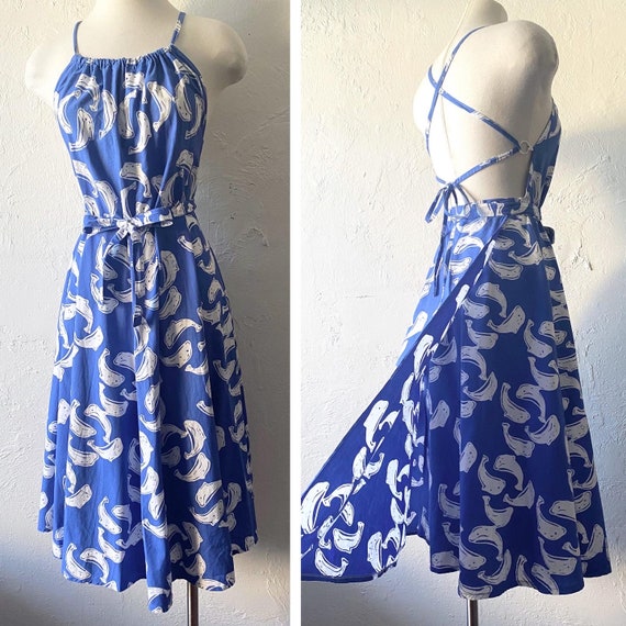 80s cotton dolphin print wrap backless dress - image 1