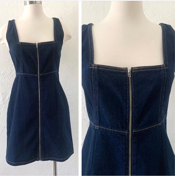 Vtg Mod inspired jean zip mini dress sz 2 - image 1