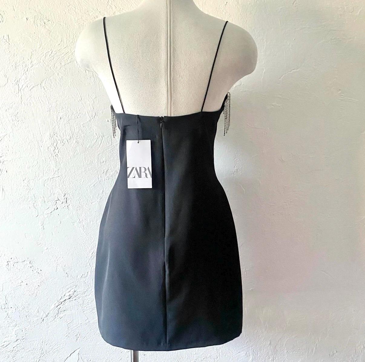 knee length dresses for ladies ZARA SATIN DRESS WITH RHINESTONE DETAILS Jewel satin effect dress blac –  Cougar Vintage Shop main image 0