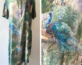 Silk peacock print shirt dress