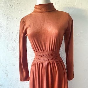 May include: A long-sleeved, rust-coloured dress with a turtleneck and a fitted bodice. The dress has a gathered skirt and a stretchy waistband.