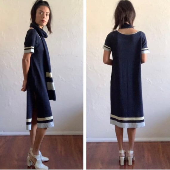 60s High slits navy sparkly knit dress with scarf - image 2