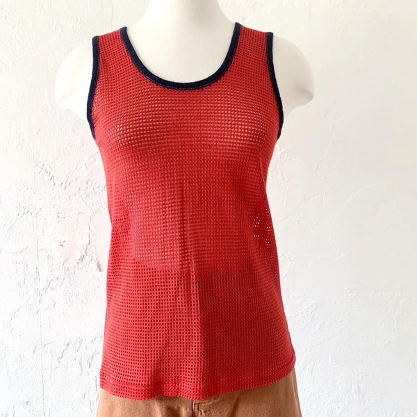 Vtg 70s cotton red and navy mesh tank top Unisex Small