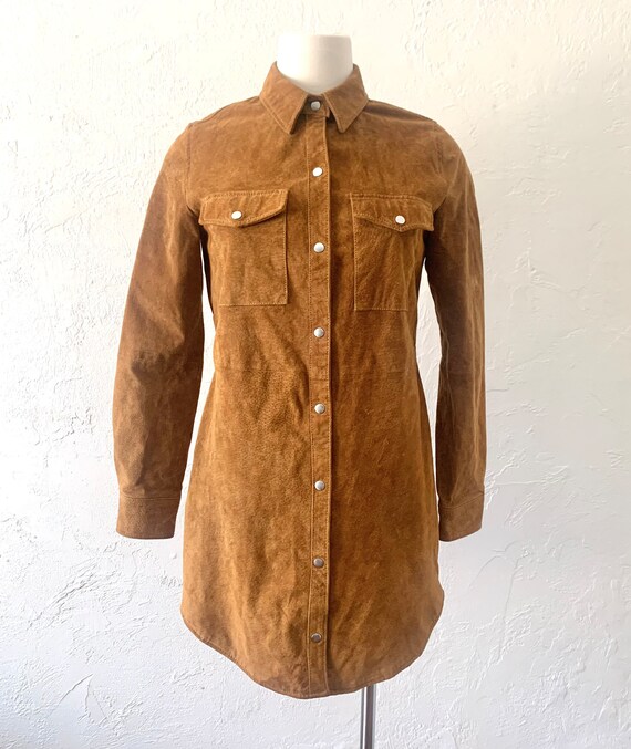 Vtg Y2K tan suede shirt dress / jacket Small