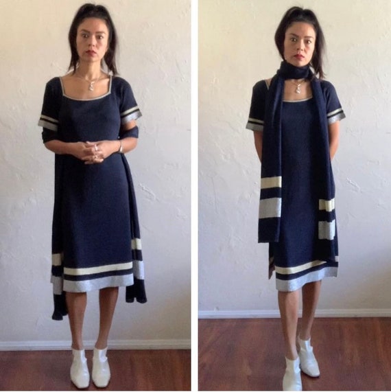 60s High slits navy sparkly knit dress with scarf - image 1