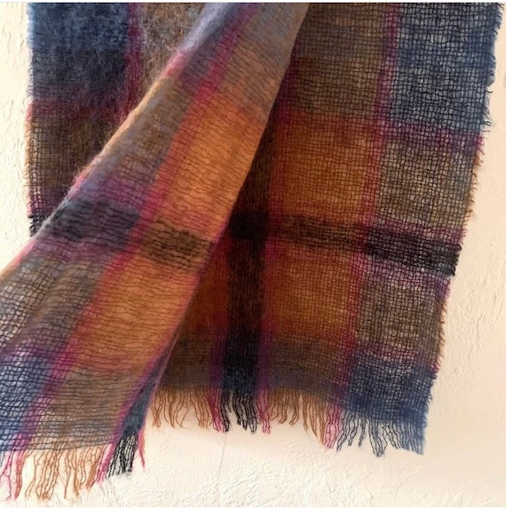 Vtg 50s mohair colorful large plaid scarf - image 2