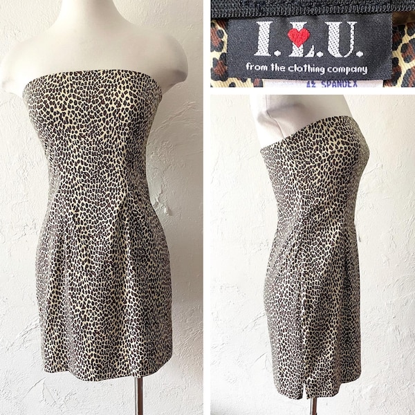Y2K I.L.U. cotton blend leopard strapless mini dress - S
