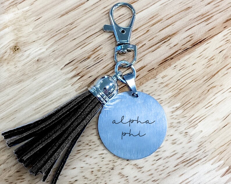 Alpha Phi Script Stainless Tassel Keychain