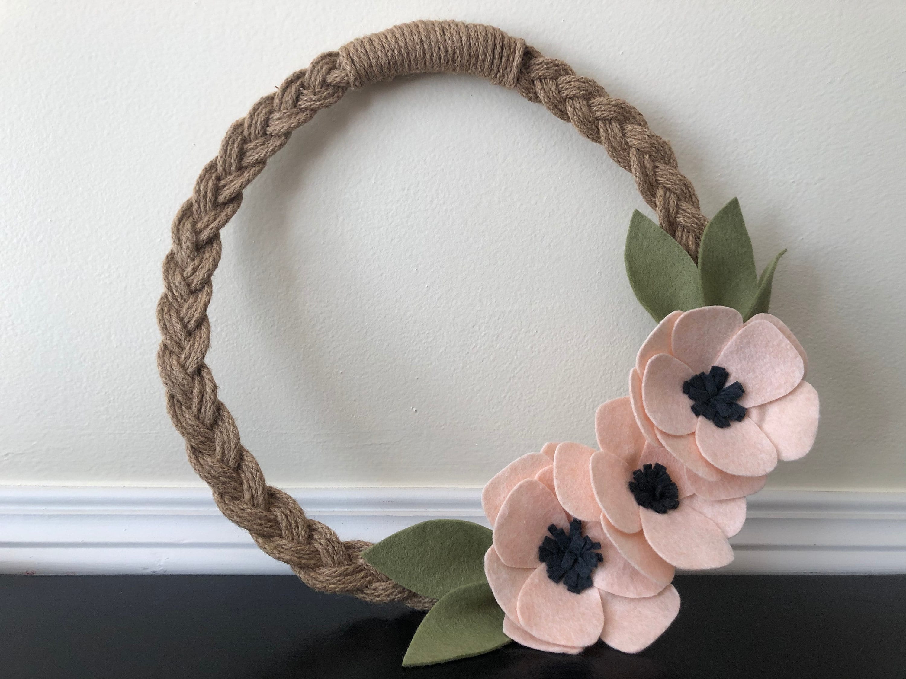 Braided Jute Wreath Embellished With Wool Felt Flowers Etsy UK