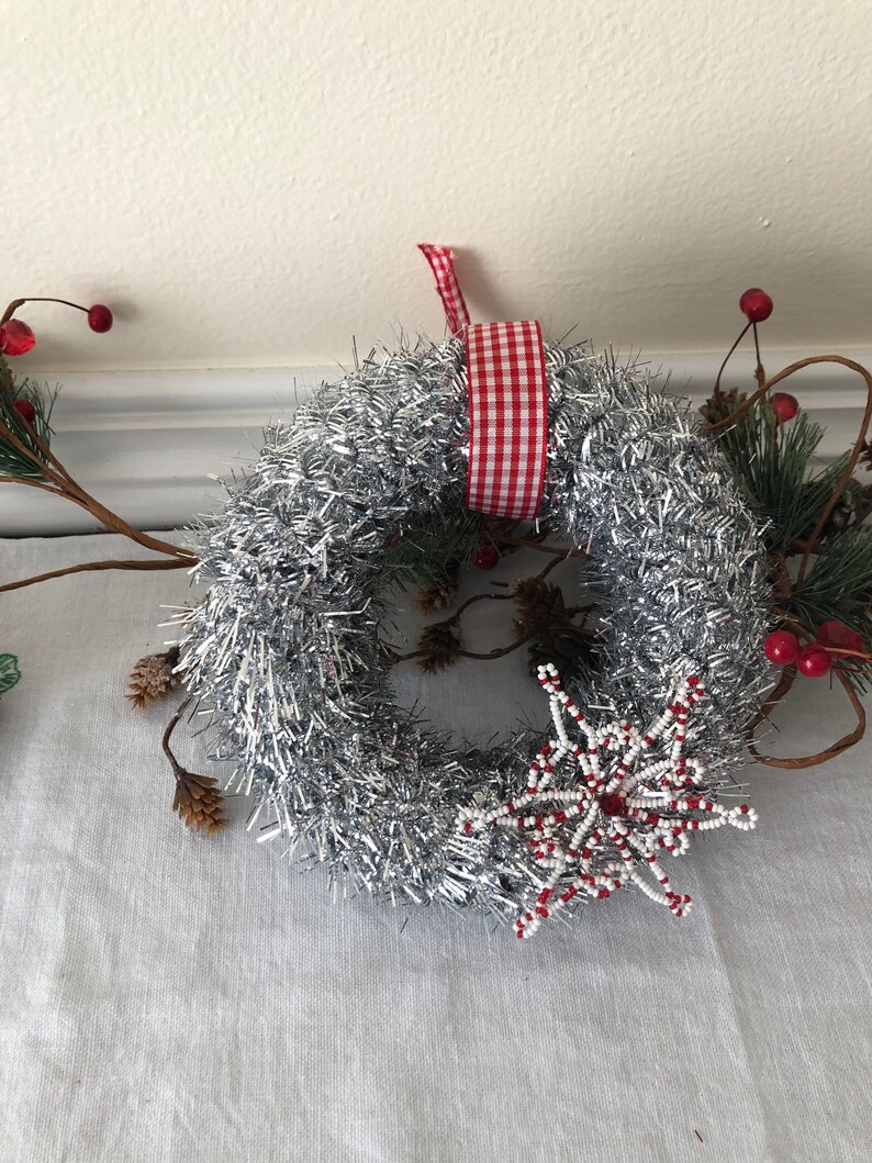 Mini Silver Tinsel Christmas Wreath Etsy