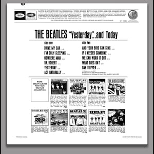 May include: Black and white album cover for The Beatles "Yesterday...and Today" album. The cover features a collage of album covers from The Beatles' discography, including "Beatlemania!", "Long Tall Sally", "Twist and Shout", "The Beatles Story", "Beatles '65", "Something New", "Beatles VI", and "Help!" The album cover also includes the song titles and running times for each song on the album.