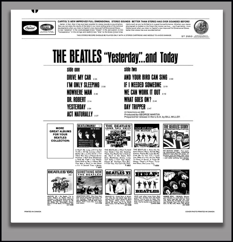 May include: Black and white album cover for The Beatles "Yesterday...and Today" album. The cover features a collage of album covers from The Beatles' discography, including "Beatlemania!", "Long Tall Sally", "Twist and Shout", "The Beatles Story", "Beatles '65", "Something New", "Beatles VI", and "Help!" The album cover also includes the song titles and running times for each song on the album.