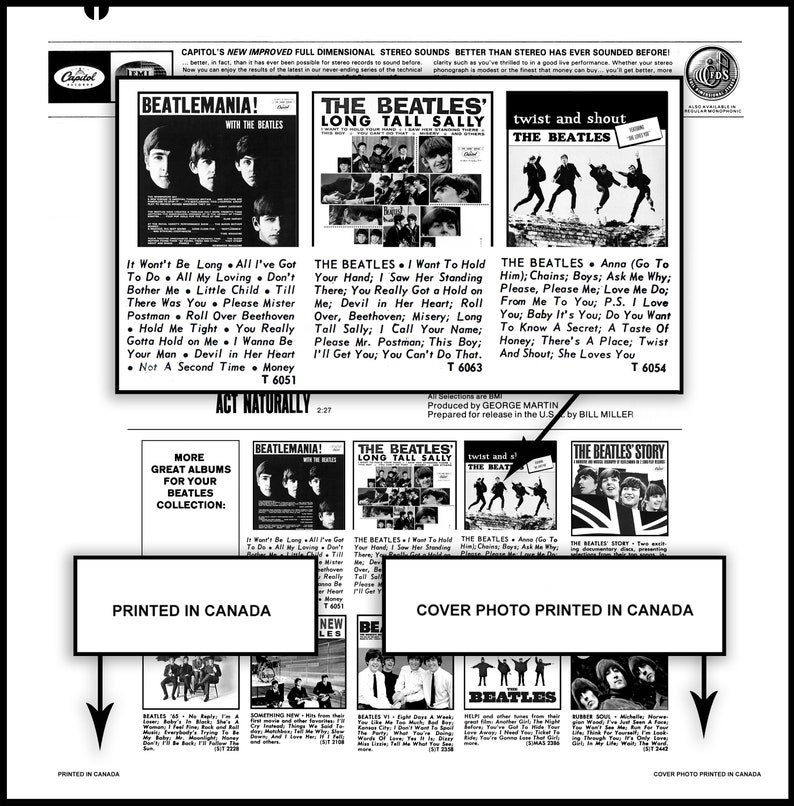 May include: A black and white photo of a record album cover featuring the Beatles. The album cover is for the album "Act Naturally" and features the band members in a casual pose. The album cover also includes the text "More Great Albums For Your Beatles Collection" and "Printed in Canada".