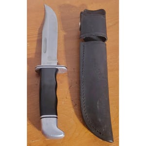 May include: A fixed-blade Buck knife with a silver-toned steel blade, a black handle, and a silver-toned pommel. The knife features a silver-toned crossguard and is accompanied by a black leather sheath with the word Buck embossed on the front.
