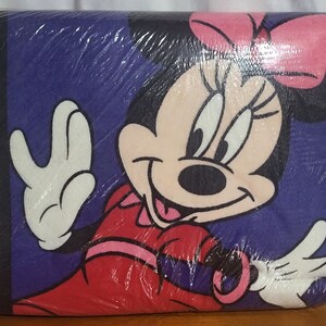 Puede incluir: Una toalla empaquetada con una gran ilustraci&oacute;n de Minnie Mouse. Minnie lleva un vestido rojo y un lazo rosa, sobre un fondo morado. La toalla est&aacute; envuelta en pl&aacute;stico transparente.