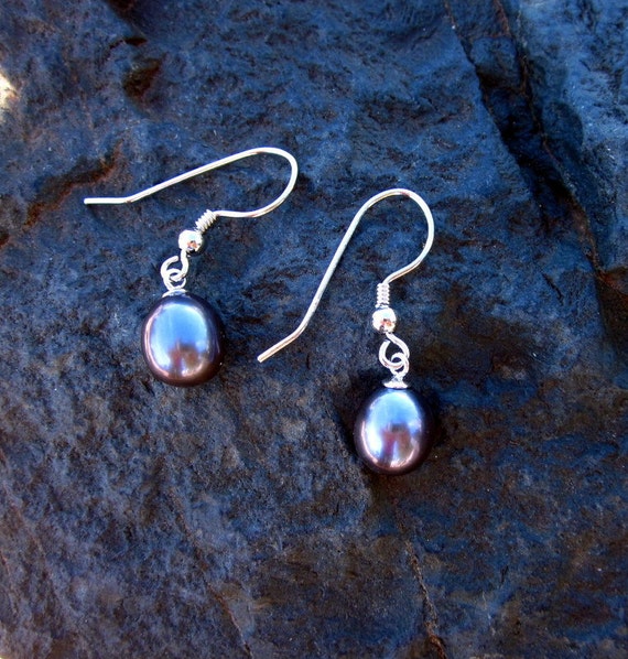 Black Freshwater Cultured Pearl Drops and Sterling Silver Earrings