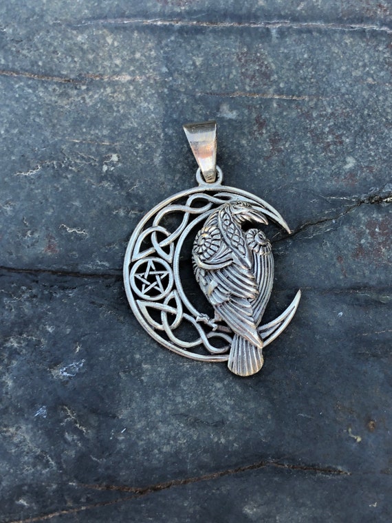 Sterling Silver Raven, Moon and Pentagram Pendant