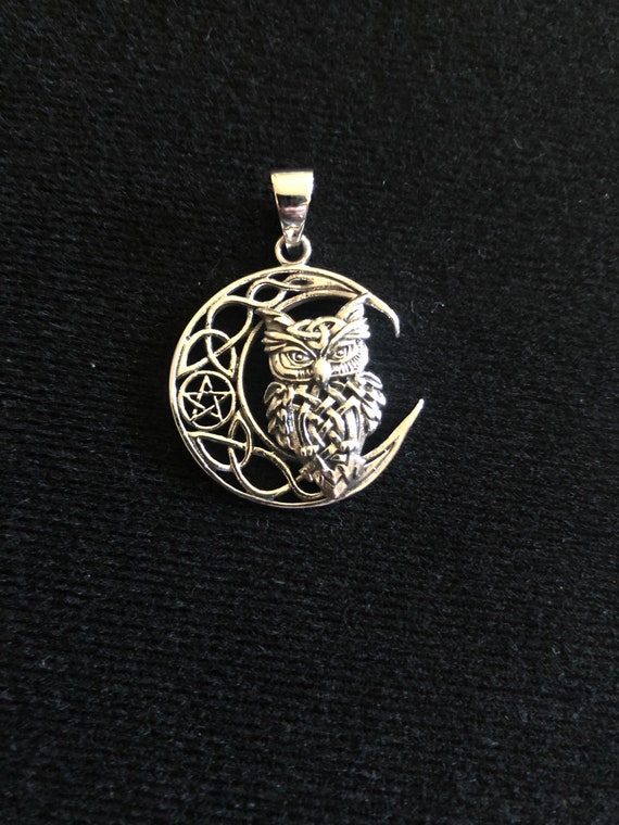 Sterling Silver Owl, Moon and Pentagram Pendant