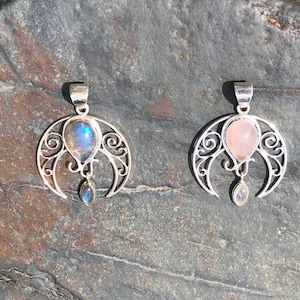 Rose Quartz or Labradorite Crescent Moon Pendant