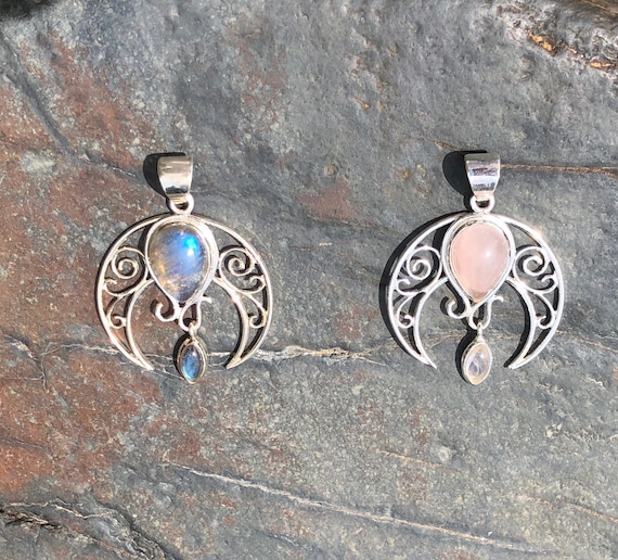 Rose Quartz or Labradorite Crescent Moon Pendant