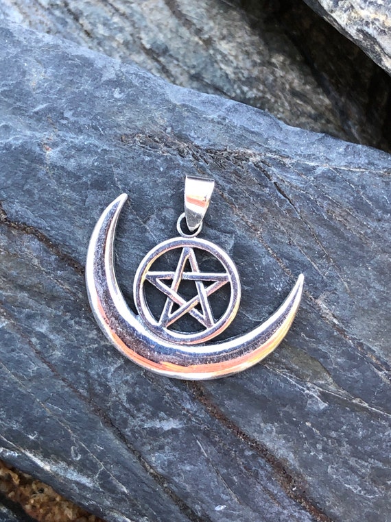 Sterling Silver Crescent Moon and Pentagram Pendant