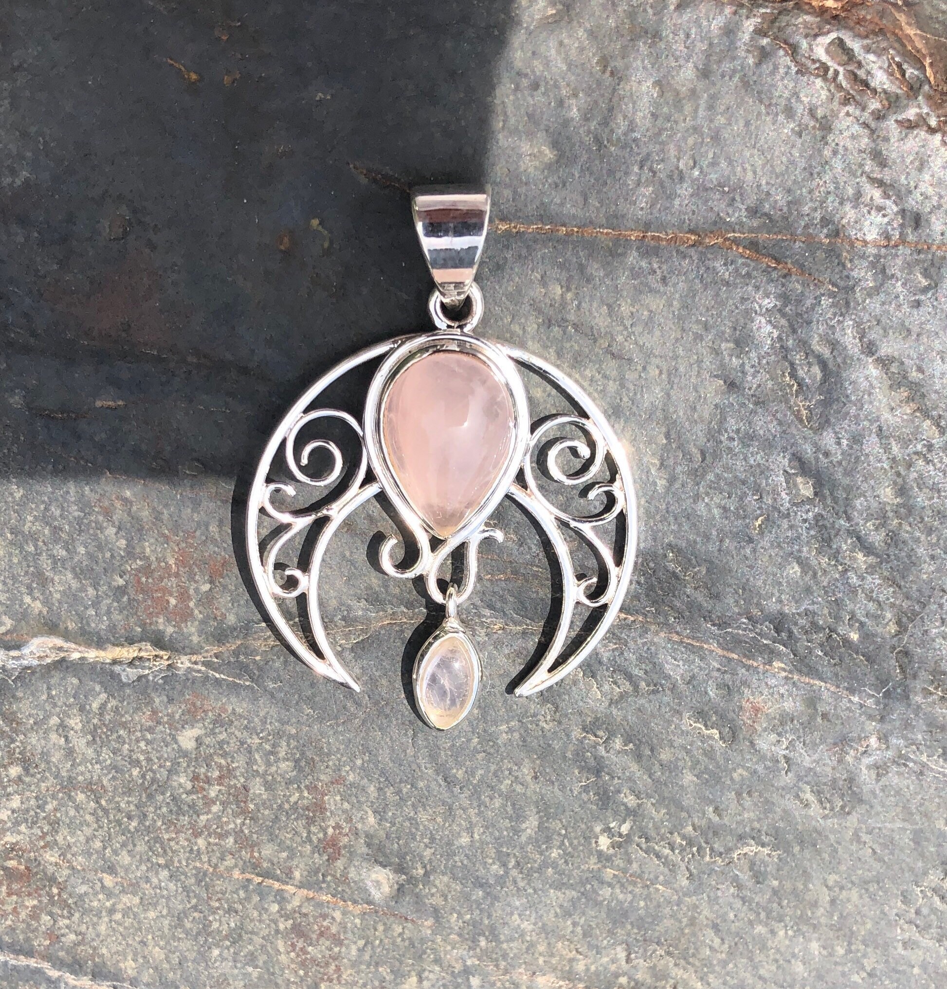 Rose Quartz or Labradorite Crescent Moon Pendant