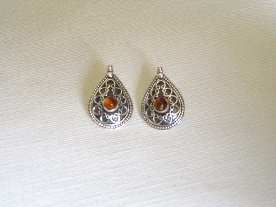 Amber & Sterling Silver Filigree Teardrop Earrings - #4