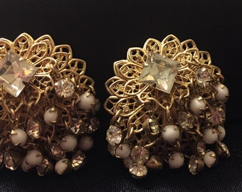 1960/'s Silver Tone Rhinestone Cha Cha Clip Earrings Layered Rhinestone Dangle Earrings Triple Flower Rhinestone Clip Earrings