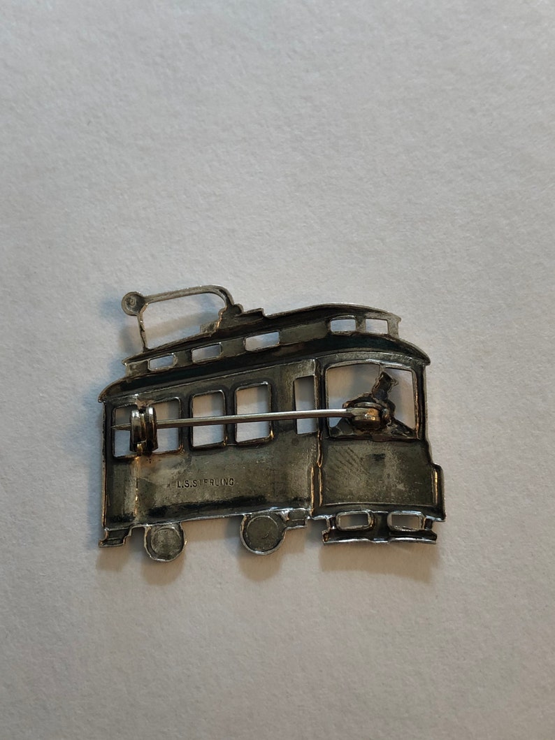 Vintage sterling silver trolley car brooch signed LS