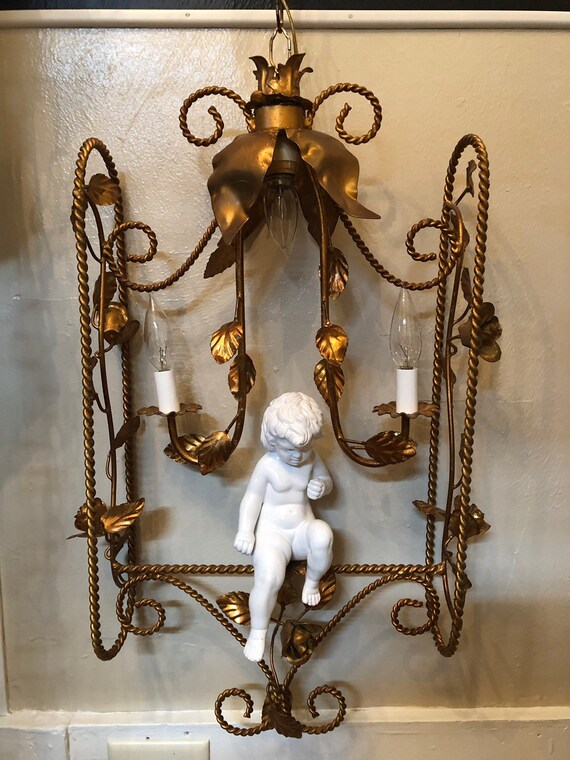 Vintage Italian Tole Swinging Cherub Chandelier - Antique Bronze Cherub Chandelier Vintage Italian Tole Swinging Cherub Chandelier - Antique Bronze Cherub Chandelier