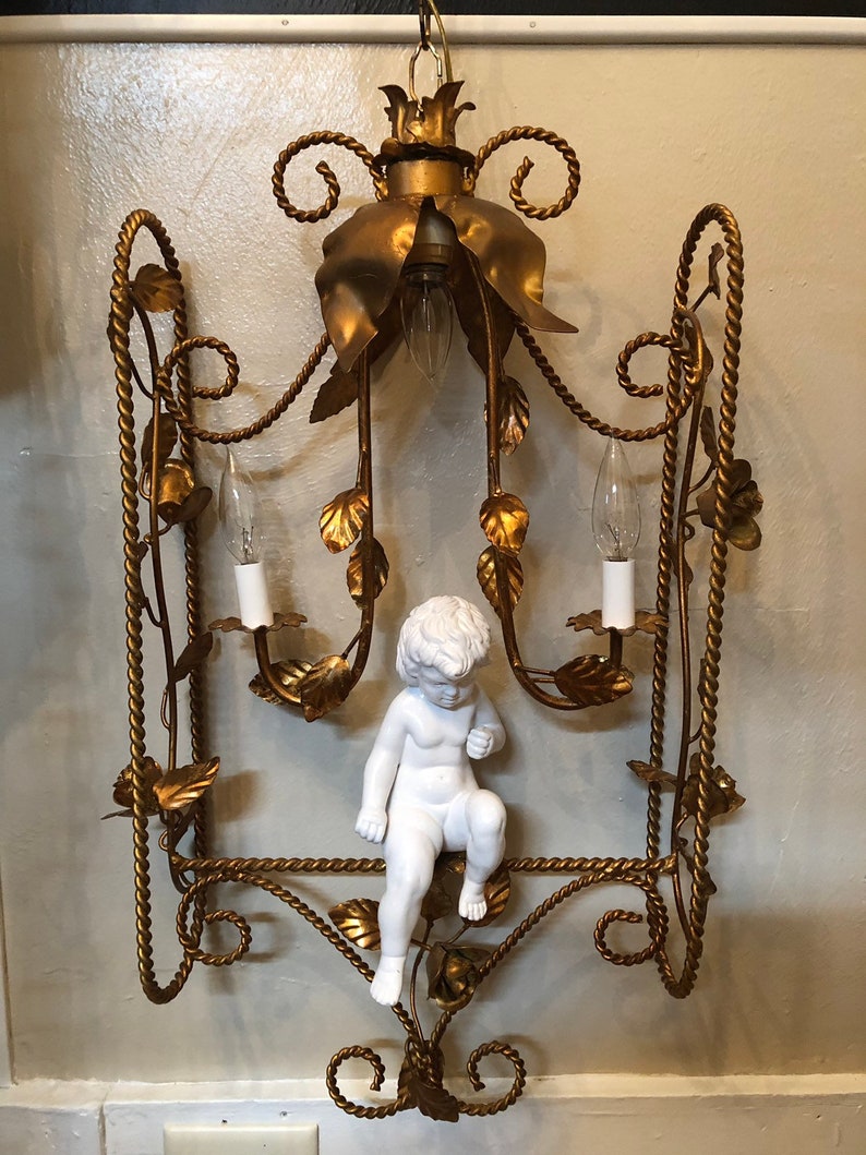Vintage Italian Tole Swinging Cherub Chandelier