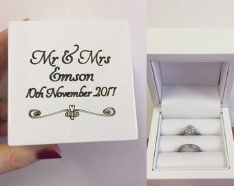 Personalised white double ring box, Engraved wedding ring box, Personalized double ring box