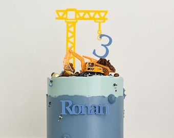 Personalised Construction Birthday Cake Topper Set, Celebration Cake Charm Set, Crane Age and Name Bundle