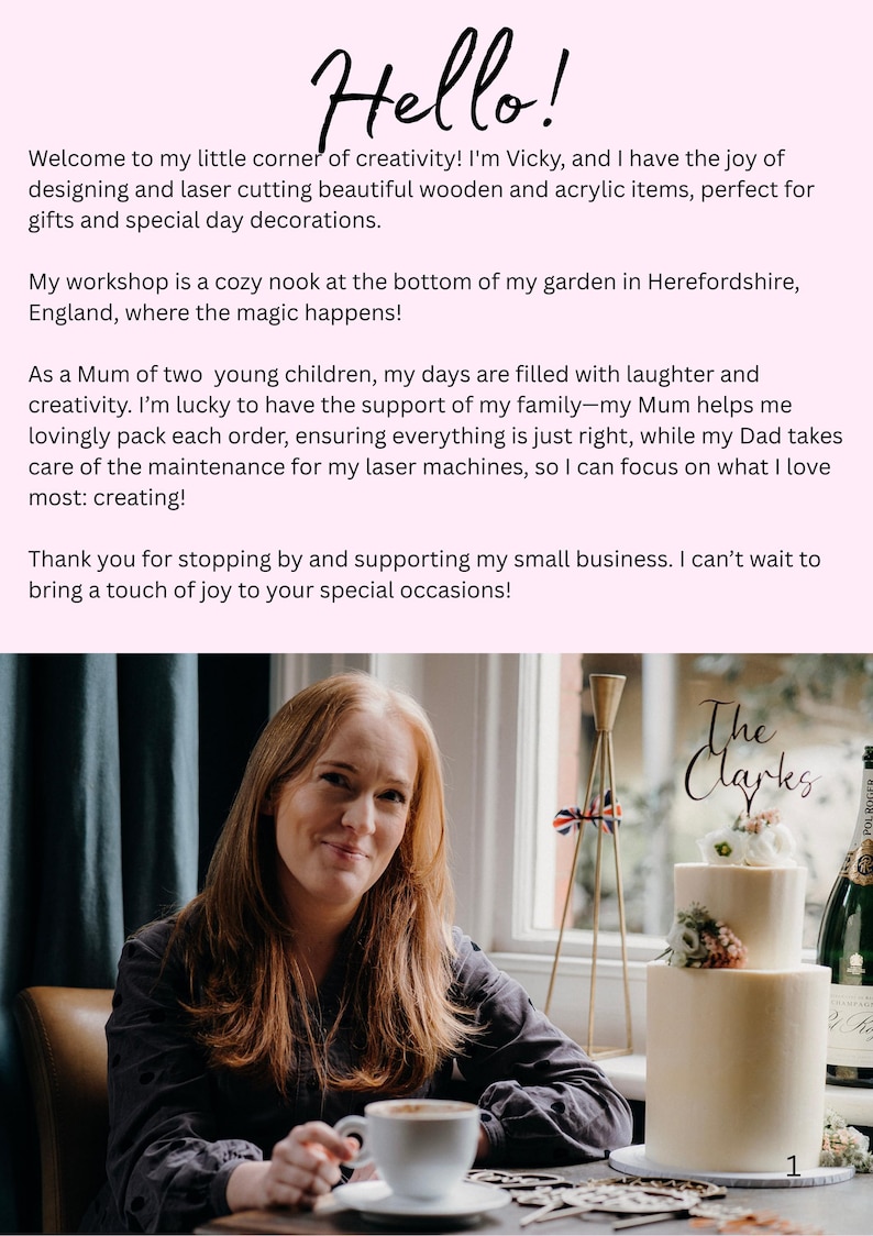 May include: Image features a woman with red hair holding a coffee cup, smiling. Text at the top says "Hello!". A two-tiered cake with flowers and a bottle of champagne are in the background. The cake topper reads "The Clarks".