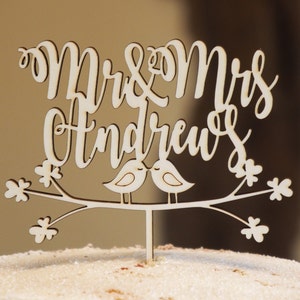 Personalised wedding cake topper, Personalized wedding cake topper, Wooden wedding topper, Love bird cake topper, Mr & Mrs cake topper